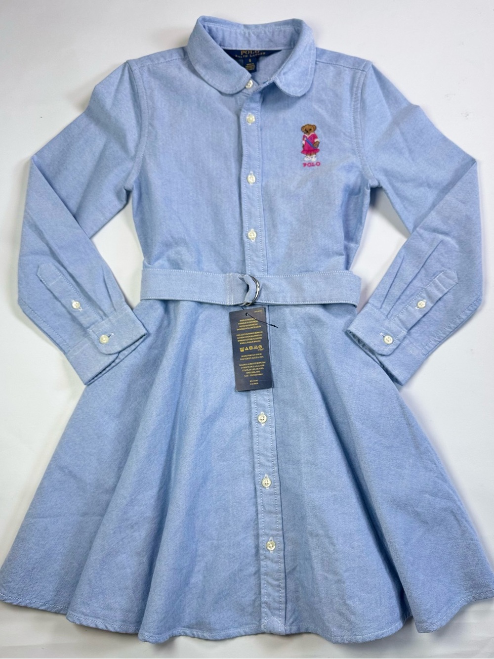 Polo Ralph Lauren Girls Blue Oxford Polo Bear Dress -Size 6- NWT